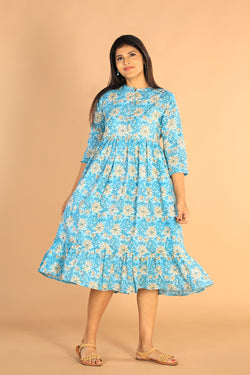 Collection of Floral Sanganeri hand block printed cotton dress in a gallery layout