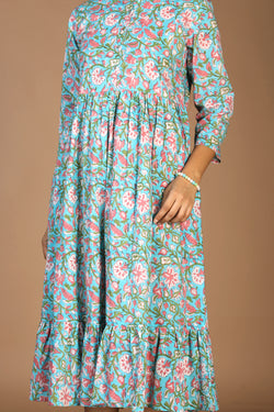 Collection of Floral Sanganeri hand block printed cotton dress in a gallery layout