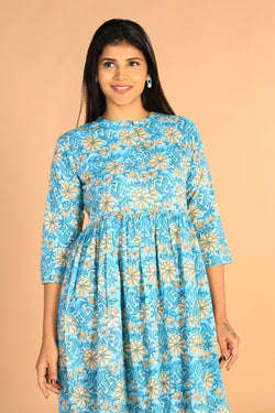 Collection of Floral Sanganeri hand block printed cotton dress in a gallery layout