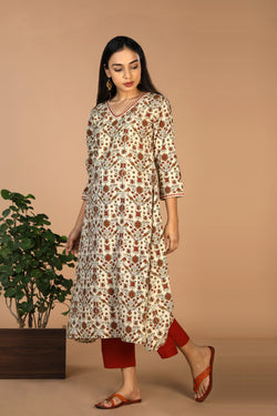 Collection of Ajrakh embroidered A line kurti in a gallery layout