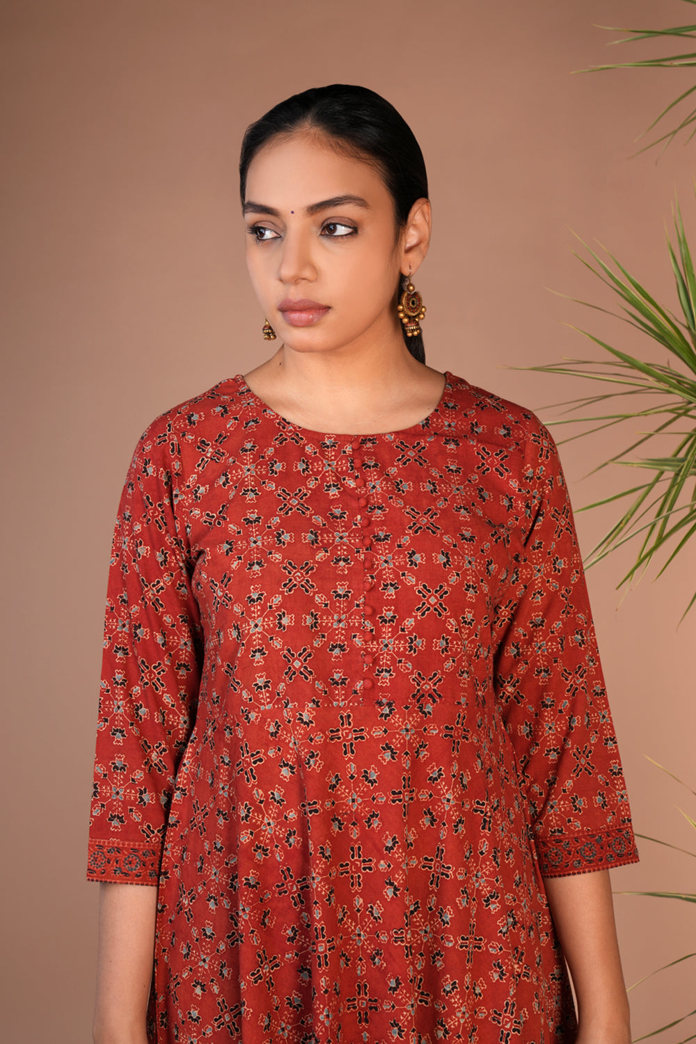 Rust cotton ajrakh block printed dress