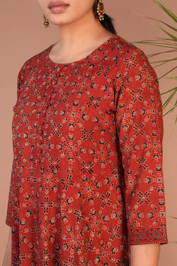 Image of Rust cotton ajrakh block printed dress