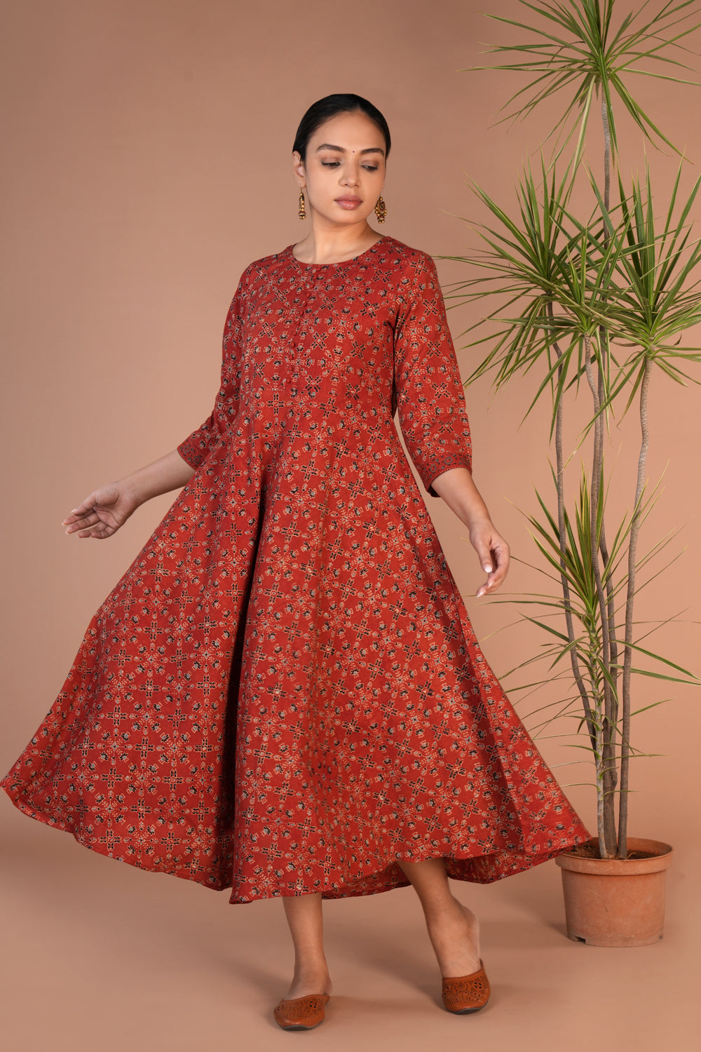 Rust cotton ajrakh block printed dress