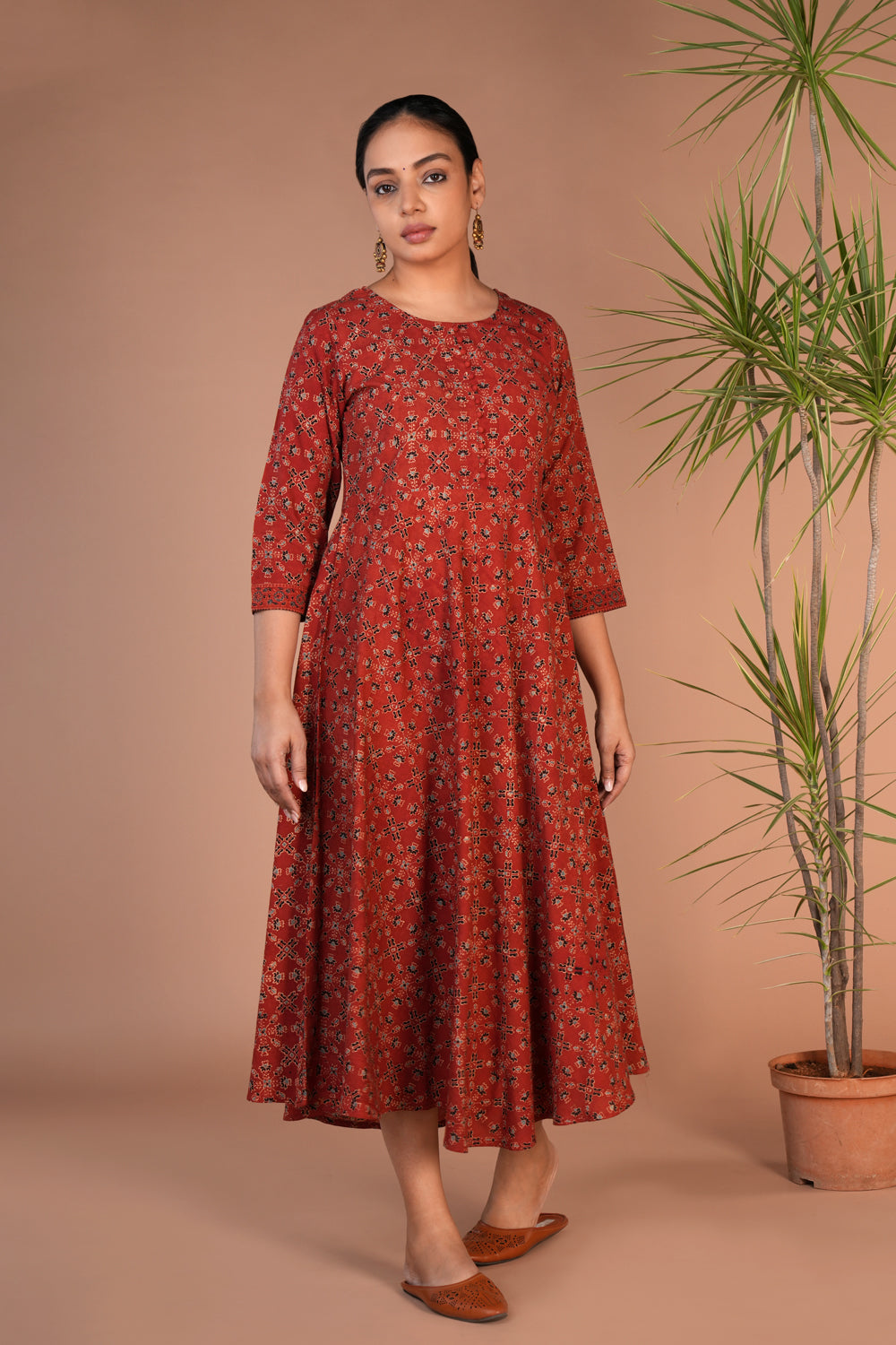 Rust cotton ajrakh block printed dress