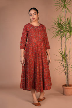 Image of Rust cotton ajrakh block printed dress