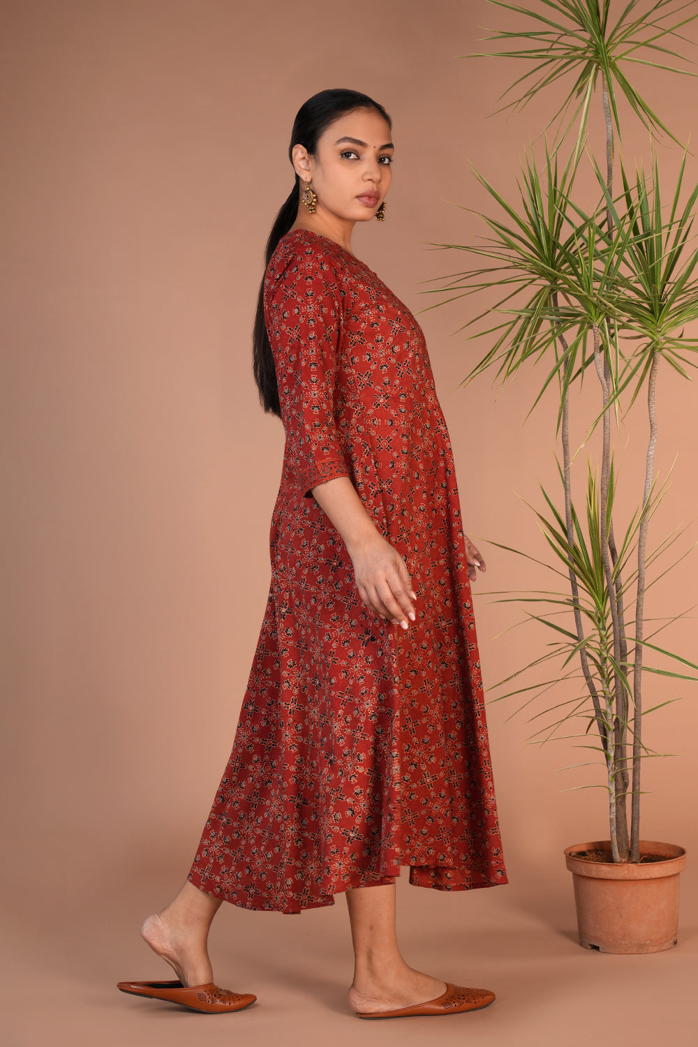 Rust cotton ajrakh block printed dress