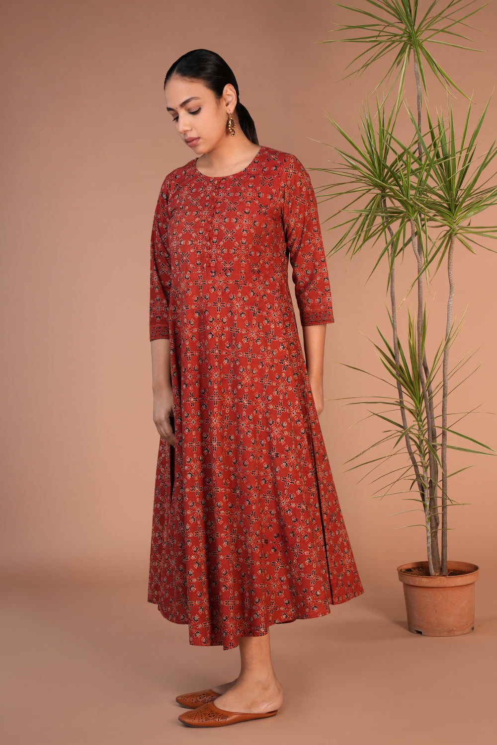 Image of Rust cotton ajrakh block printed dress