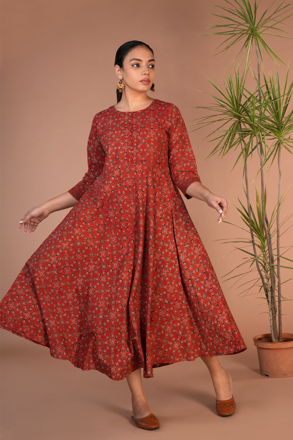 Rust cotton ajrakh block printed dress