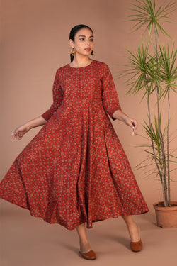 Image of Rust cotton ajrakh block printed dress