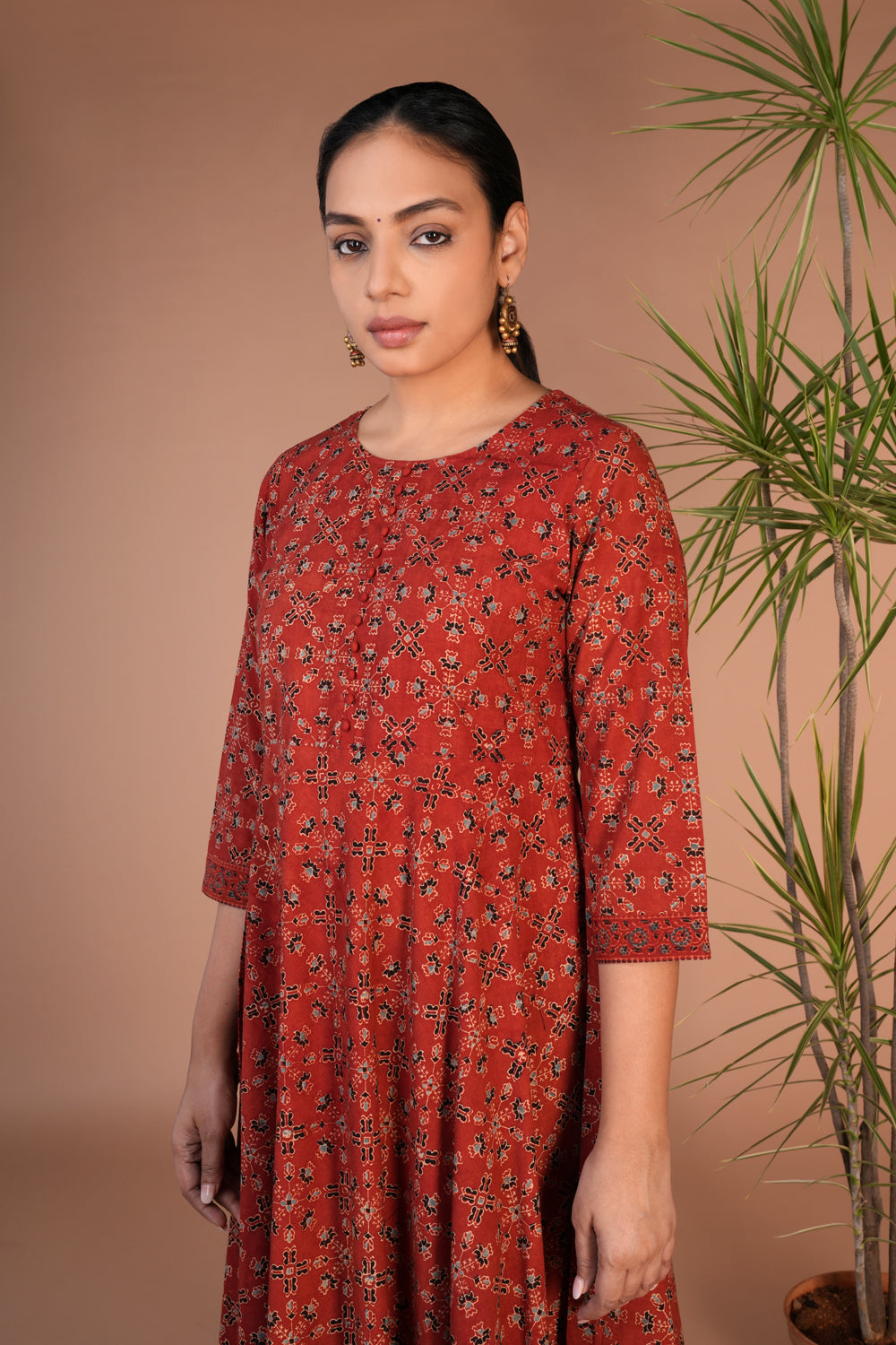 Rust cotton ajrakh block printed dress