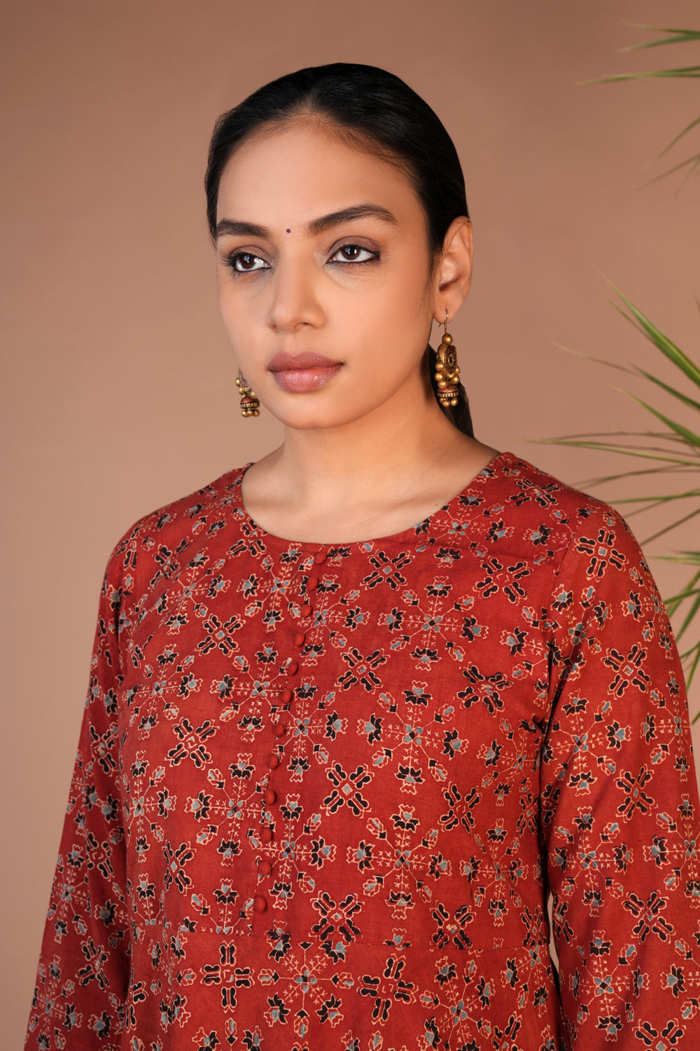 Image of Rust cotton ajrakh block printed dress