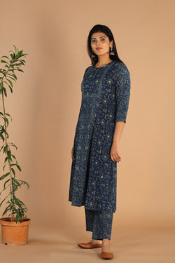 Collection of Indigo Ajrak handblock printed cotton kurta , pants set in a gallery layout