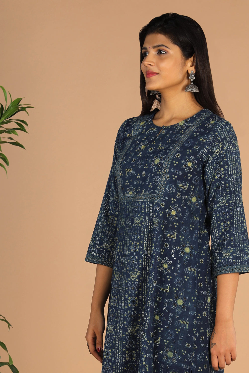 Collection of Indigo Ajrak handblock printed cotton kurta , pants set in a gallery layout