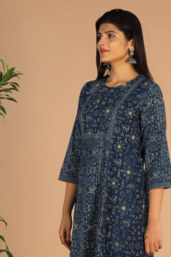 Collection of Indigo Ajrak handblock printed cotton kurta , pants set in a gallery layout