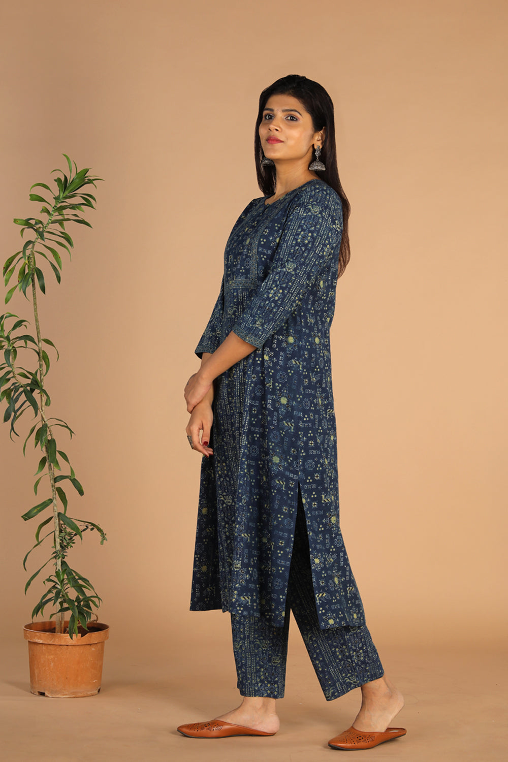 Collection of Indigo Ajrak handblock printed cotton kurta , pants set in a gallery layout