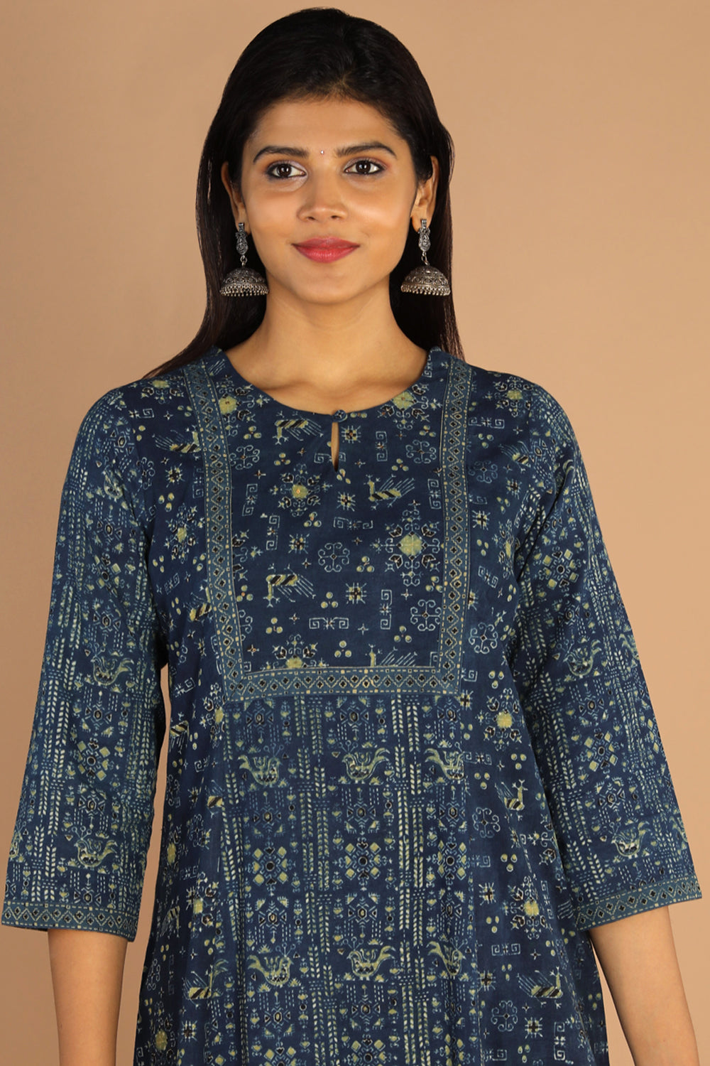 Collection of Indigo Ajrak handblock printed cotton kurta , pants set in a gallery layout