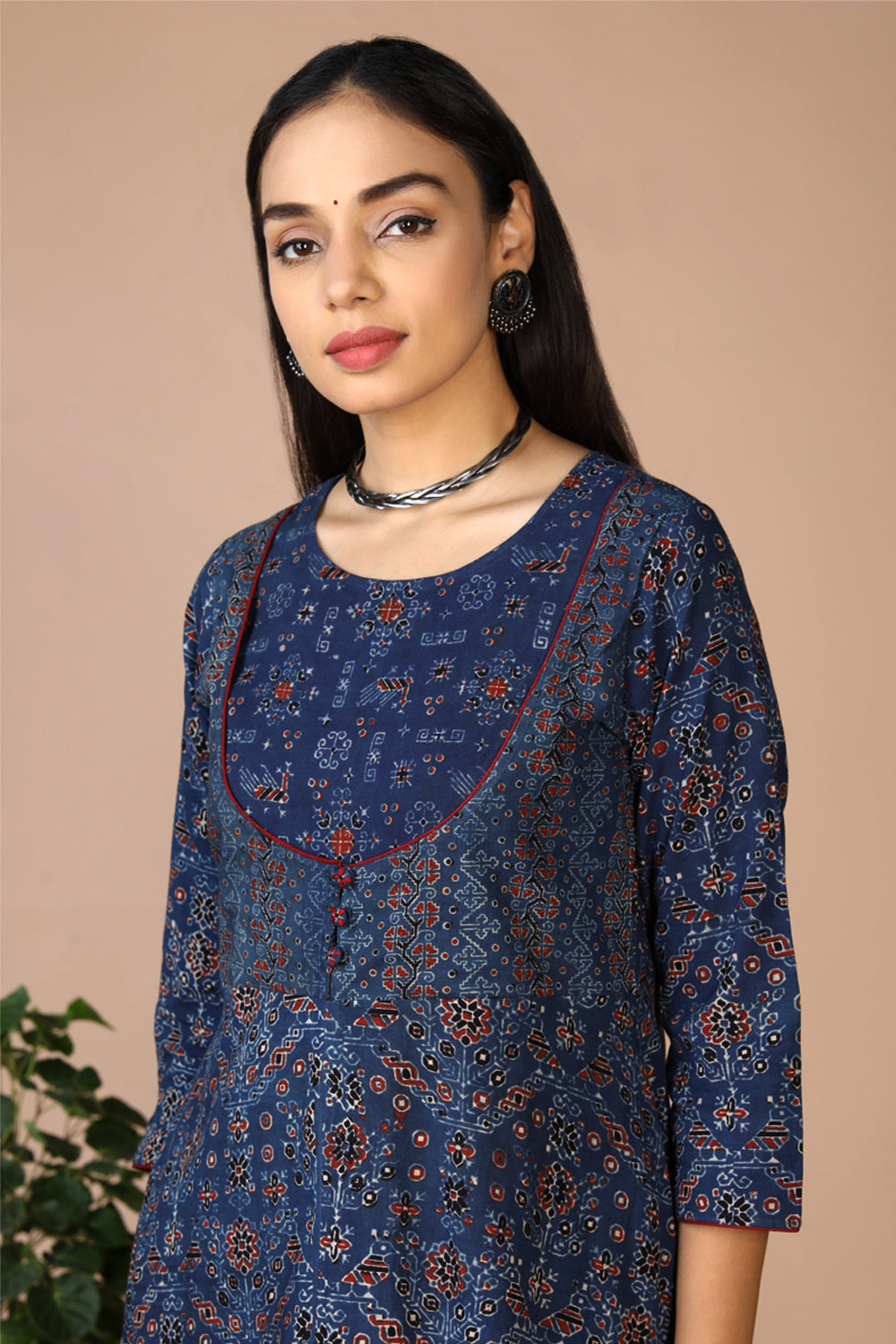 Collection of Indigo Ajrak handblock printed long ethnic dress in a gallery layout