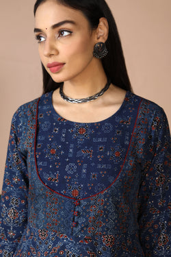 Collection of Indigo Ajrak handblock printed long ethnic dress in a gallery layout