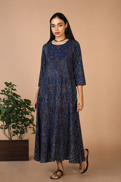 Collection of Indigo Ajrak handblock printed long ethnic dress in a gallery layout