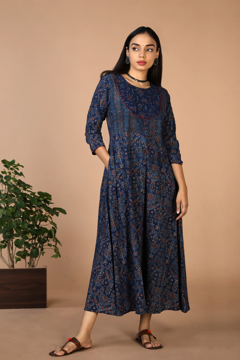 Collection of Indigo Ajrak handblock printed long ethnic dress in a gallery layout