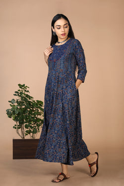 Collection of Indigo Ajrak handblock printed long ethnic dress in a gallery layout