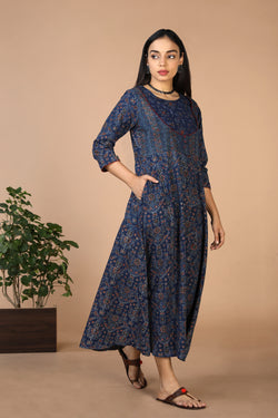 Collection of Indigo Ajrak handblock printed long ethnic dress in a gallery layout