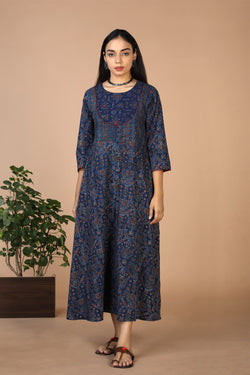 Collection of Indigo Ajrak handblock printed long ethnic dress in a gallery layout