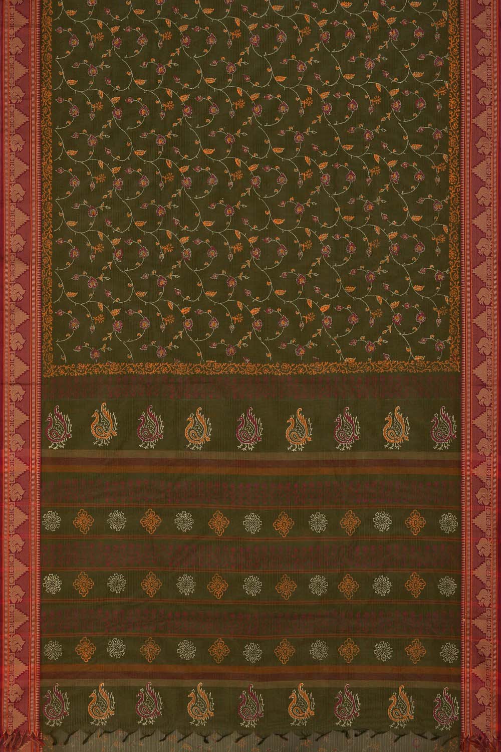 Image of Mehendi green floral jaal hand block printed south cotton saree