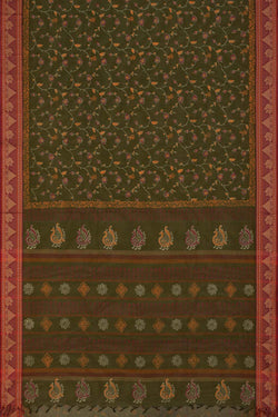 Image of Mehendi green floral jaal hand block printed south cotton saree