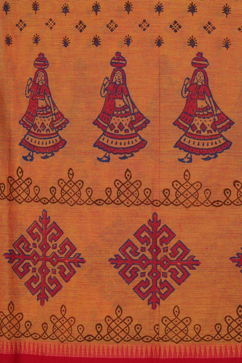Image of Melon Orange ethnics doll floral buti hand block printed south cotton saree