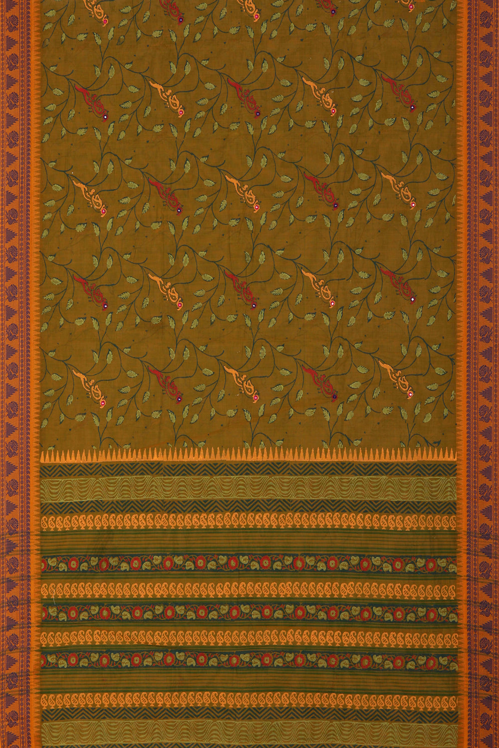 Image of Mehandi green block printed south cotton saree