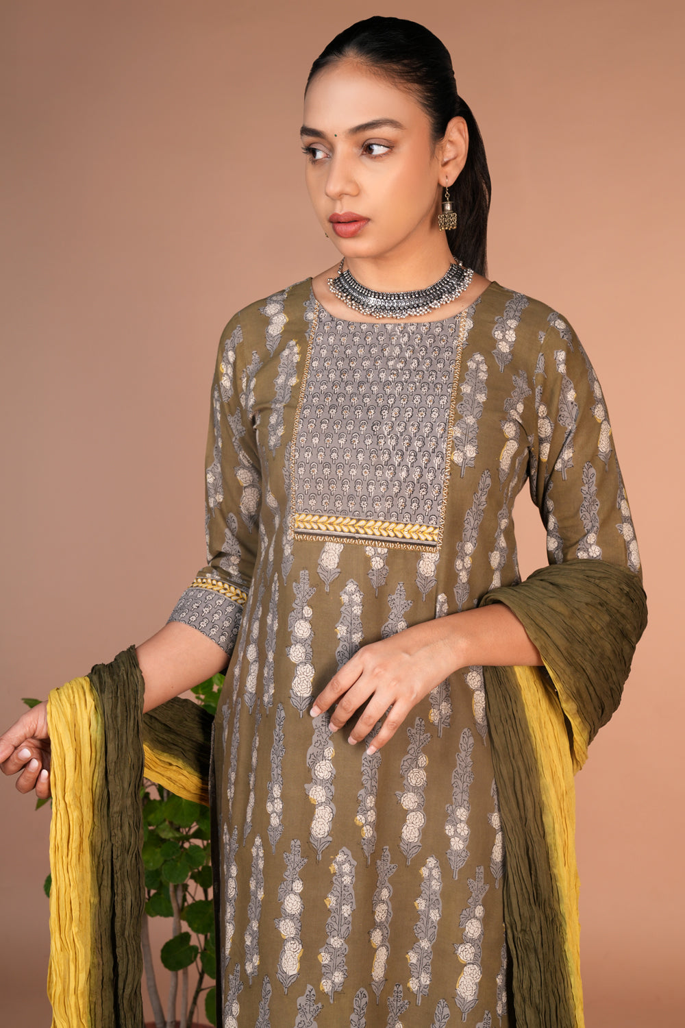 Olive green bagru handblock printed cotton Kurti, pants and dupatta set