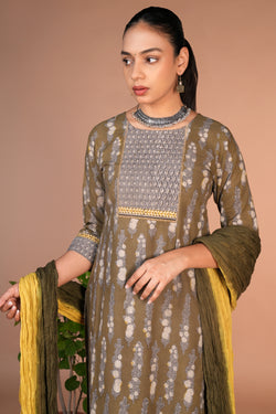 Image of Olive green bagru handblock printed cotton Kurti, pants and dupatta set