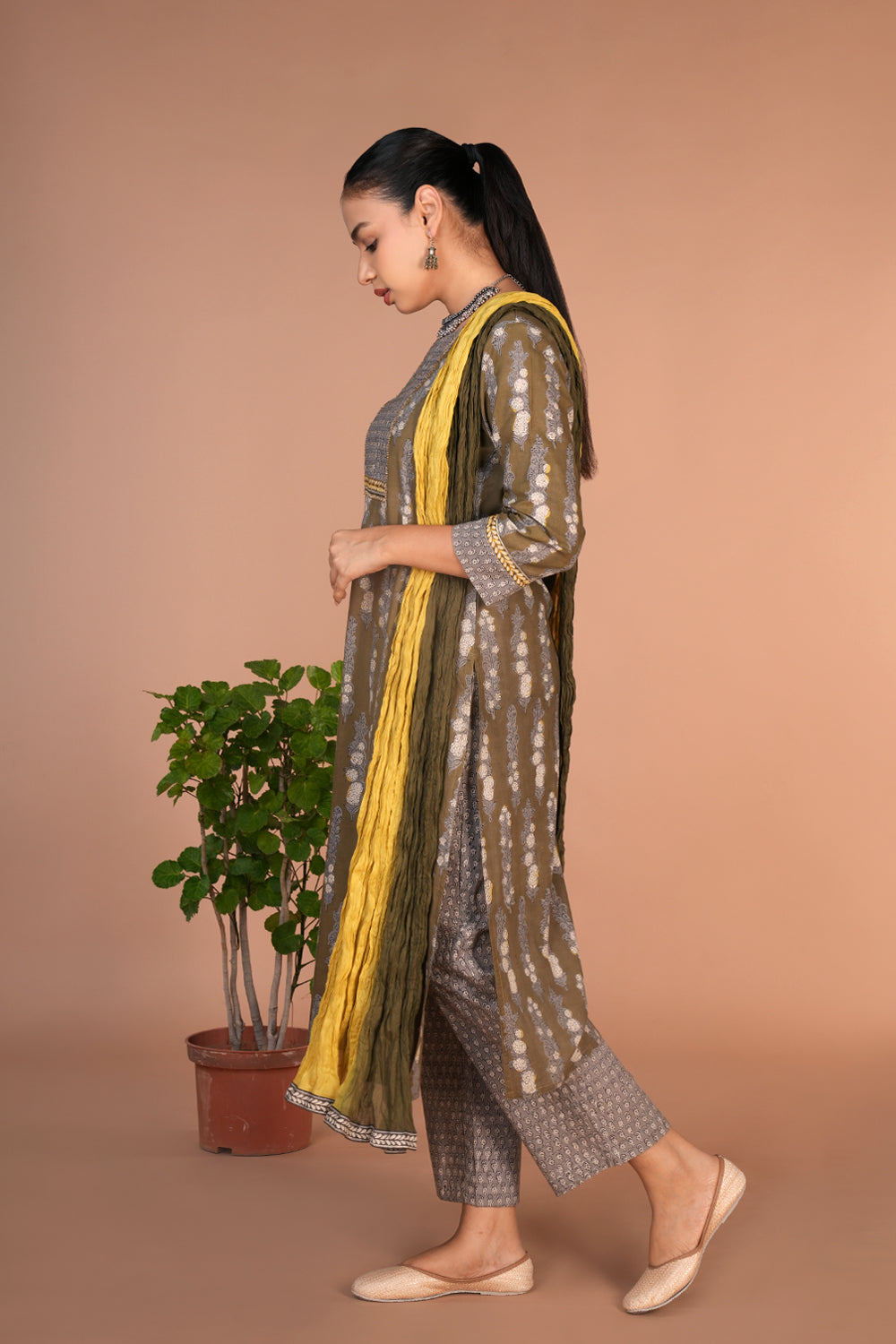 Olive green bagru handblock printed cotton Kurti, pants and dupatta set