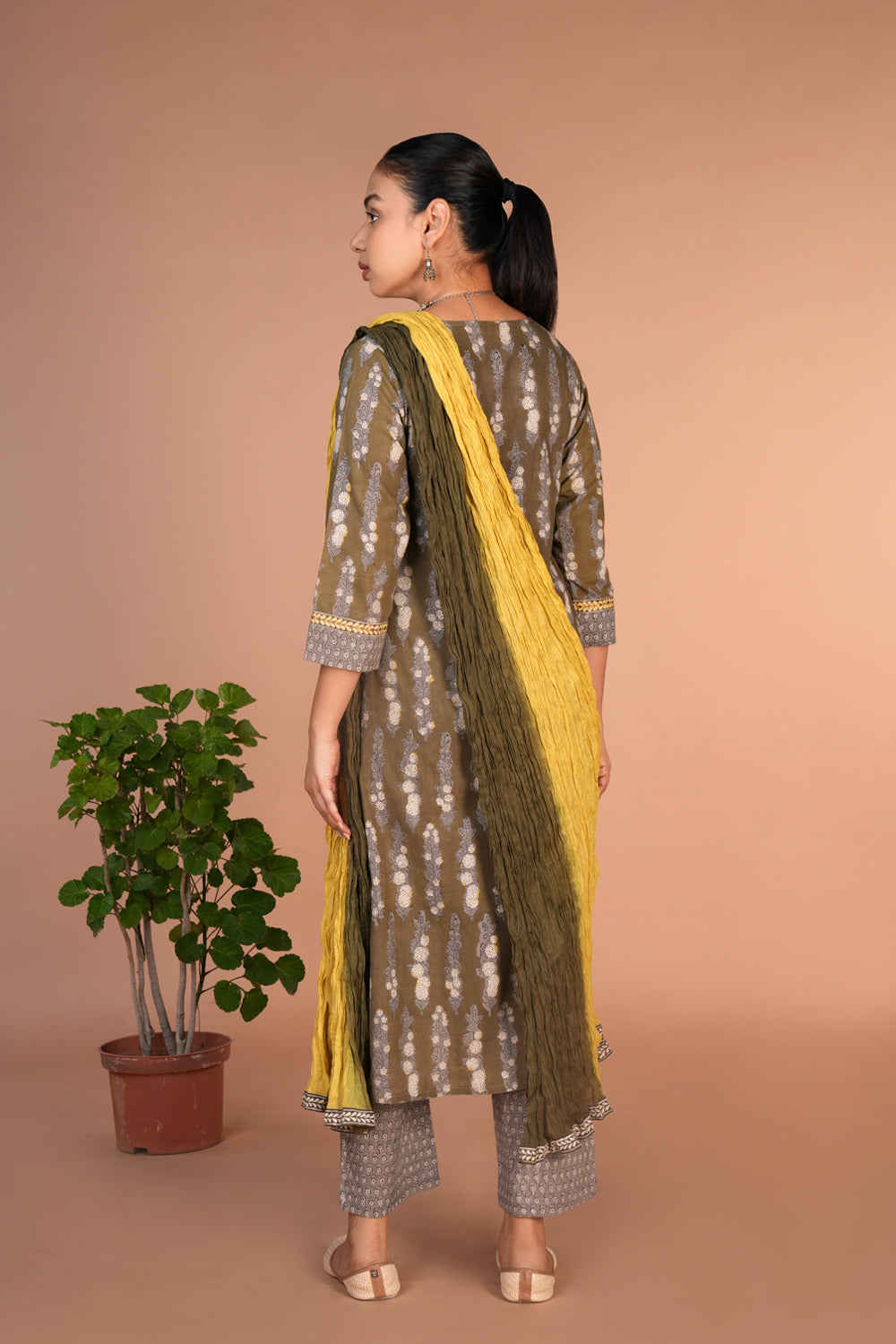 Olive green bagru handblock printed cotton Kurti, pants and dupatta set