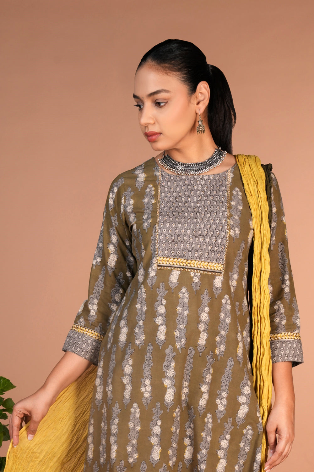 Olive green bagru handblock printed cotton Kurti, pants and dupatta set