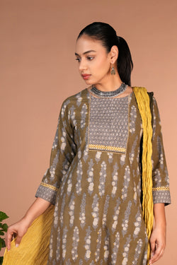 Image of Olive green bagru handblock printed cotton Kurti, pants and dupatta set