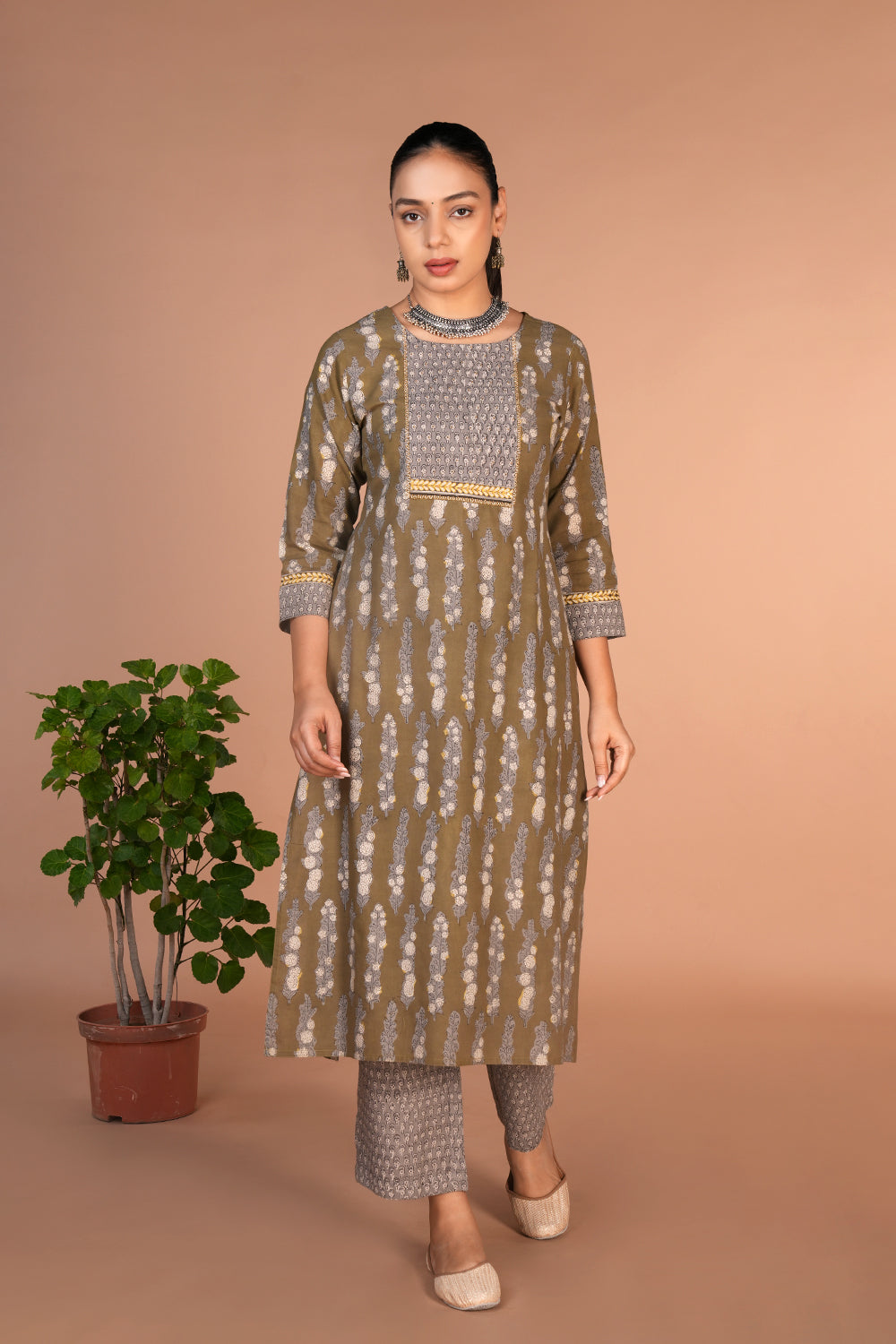 Olive green bagru handblock printed cotton Kurti, pants and dupatta set