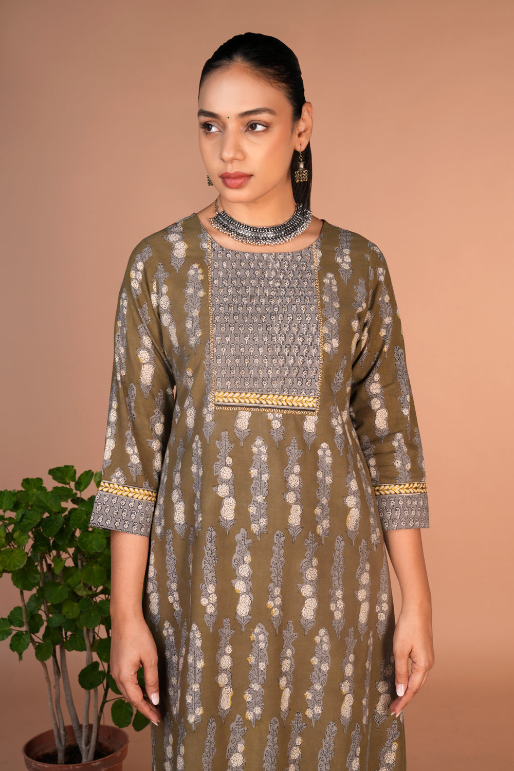 Olive green bagru handblock printed cotton Kurti, pants and dupatta set