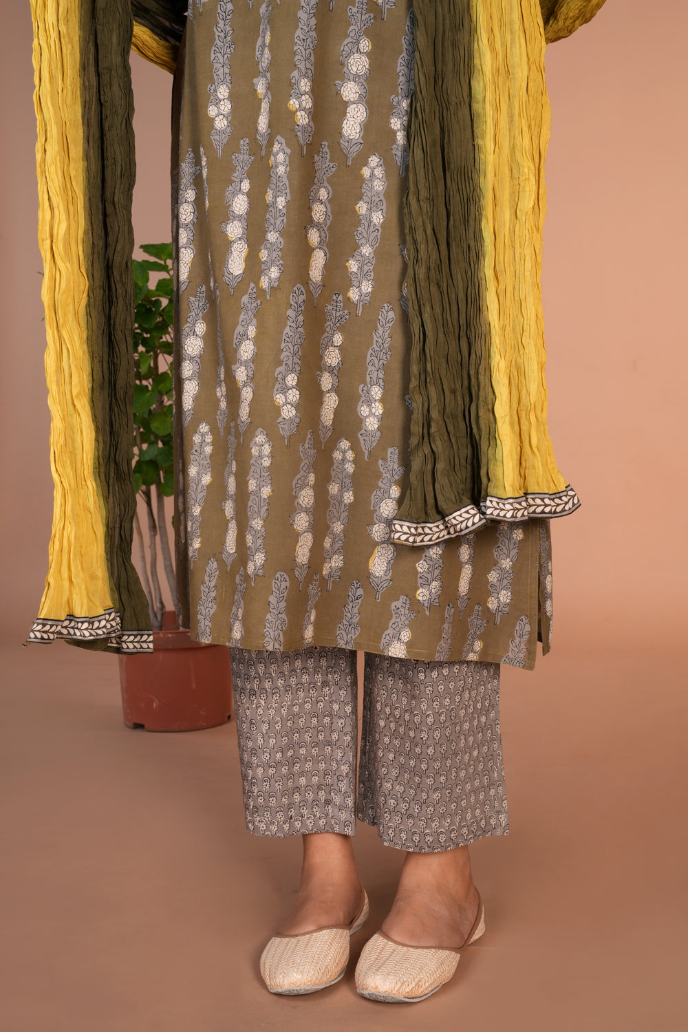 Olive green bagru handblock printed cotton Kurti, pants and dupatta set