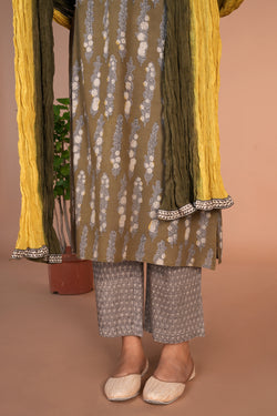 Image of Olive green bagru handblock printed cotton Kurti, pants and dupatta set