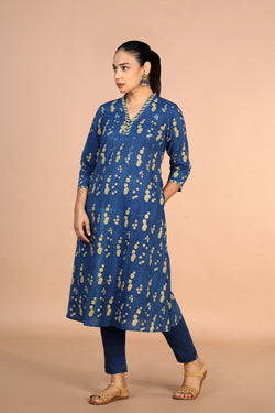 Image of Indigo blue Bagru cotton handblock printed Kurti