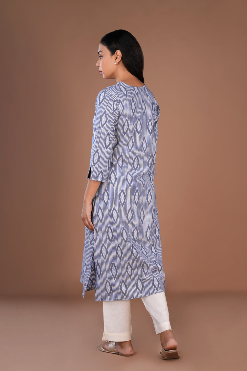 Image of Chambray blue Pochampally Ikat pure cotton long kurta