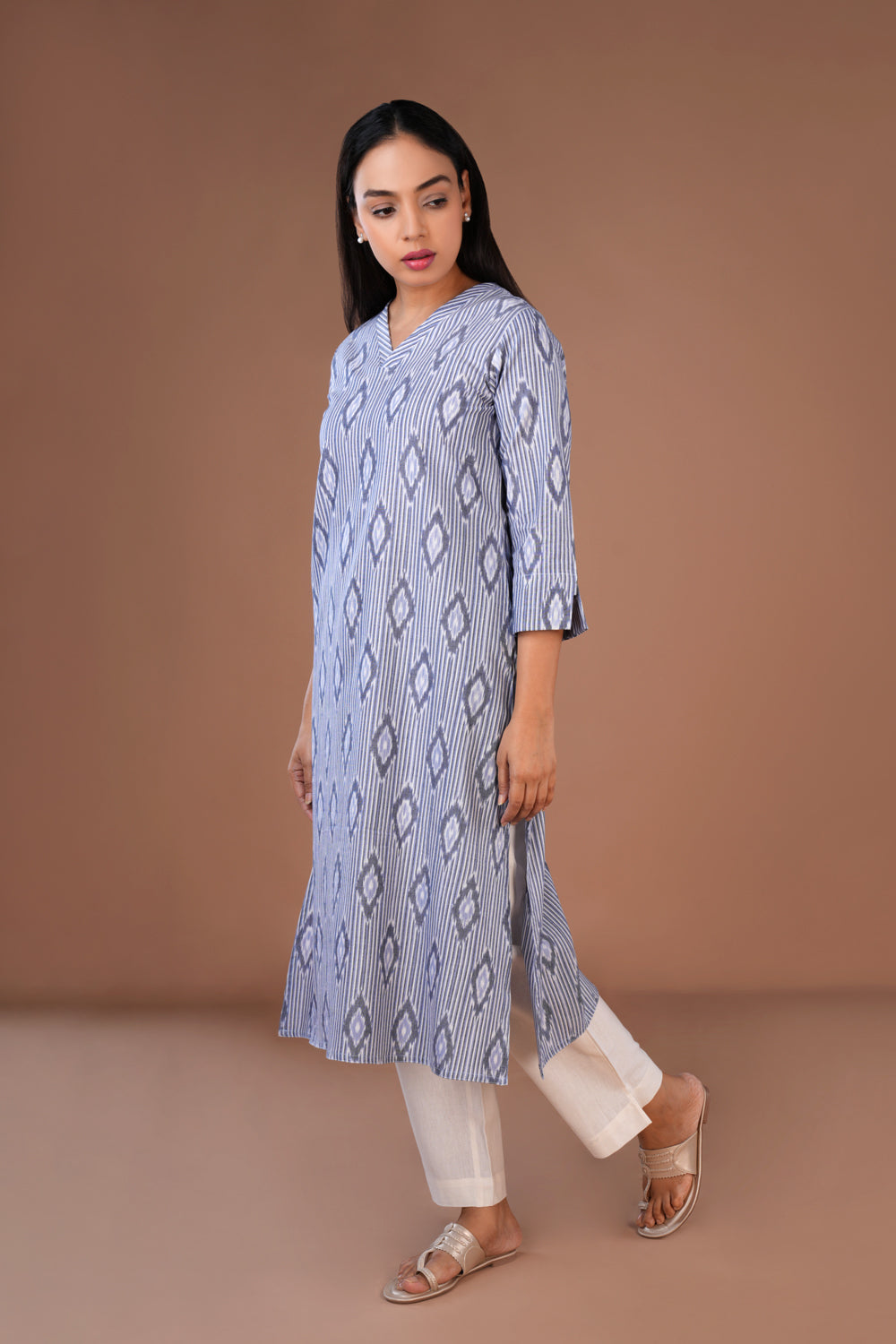 Image of Chambray blue Pochampally Ikat pure cotton long kurta