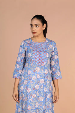 Image of Sanganeri handblock printed Azure Blue cotton Kurti