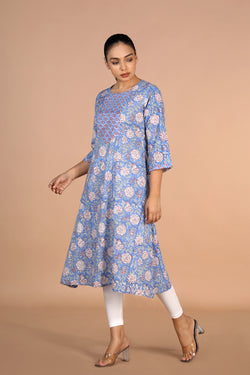 Image of Sanganeri handblock printed Azure Blue cotton Kurti