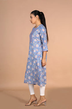 Image of Sanganeri handblock printed Azure Blue cotton Kurti