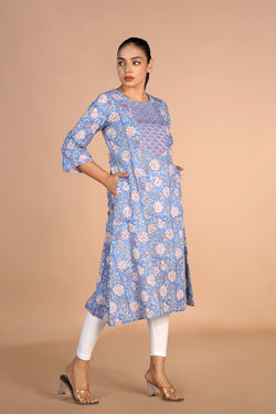 Image of Sanganeri handblock printed Azure Blue cotton Kurti