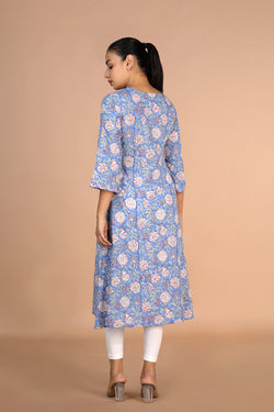 Image of Sanganeri handblock printed Azure Blue cotton Kurti