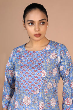 Image of Sanganeri handblock printed Azure Blue cotton Kurti